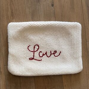 Pottery Barn White Knitted Pillow Cover with Red 'Love' Embroidery 20" X 15"